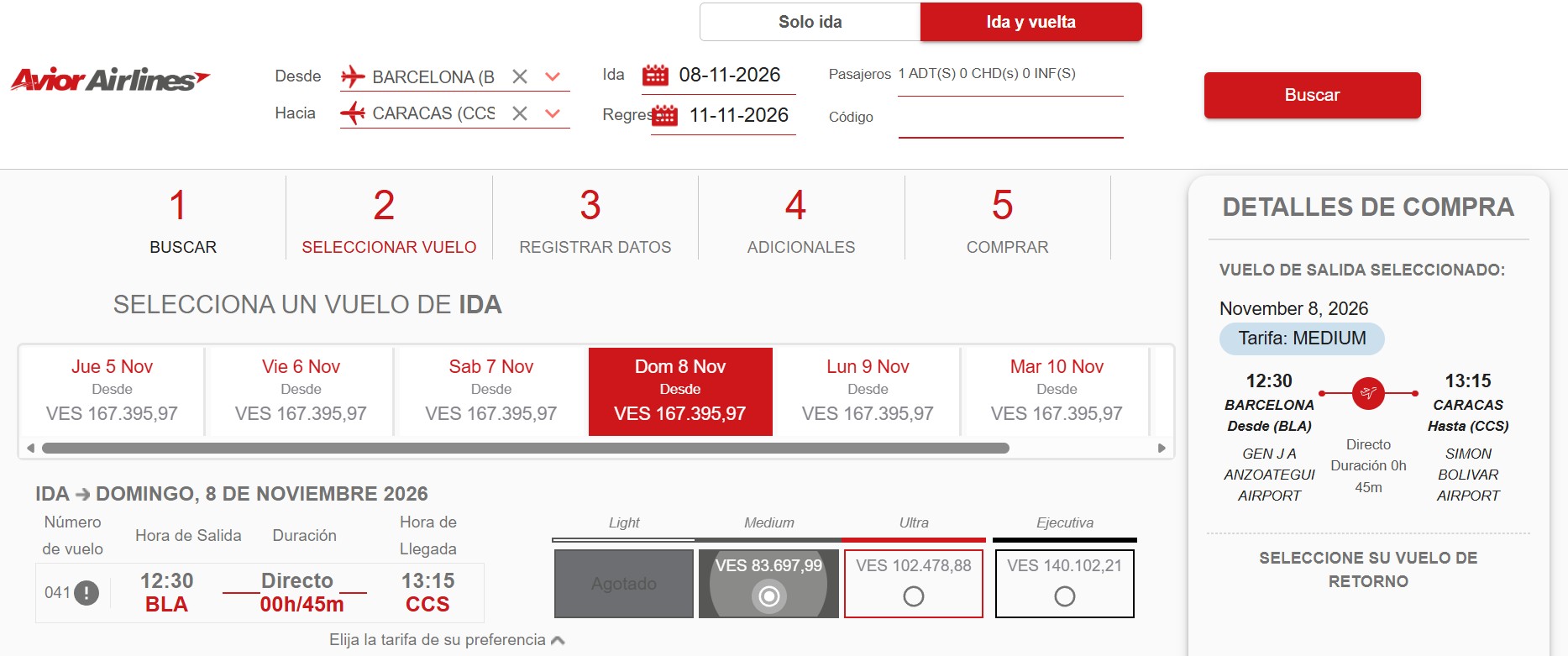 Avior Airlines booking engine — flight selection
