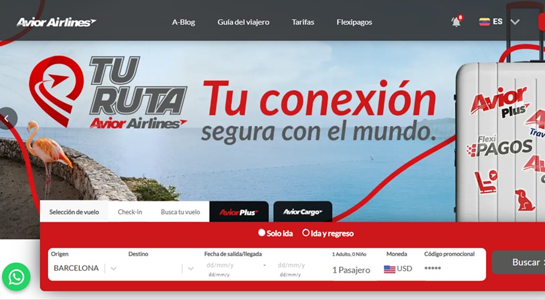 Avior Airlines home page with the flight search