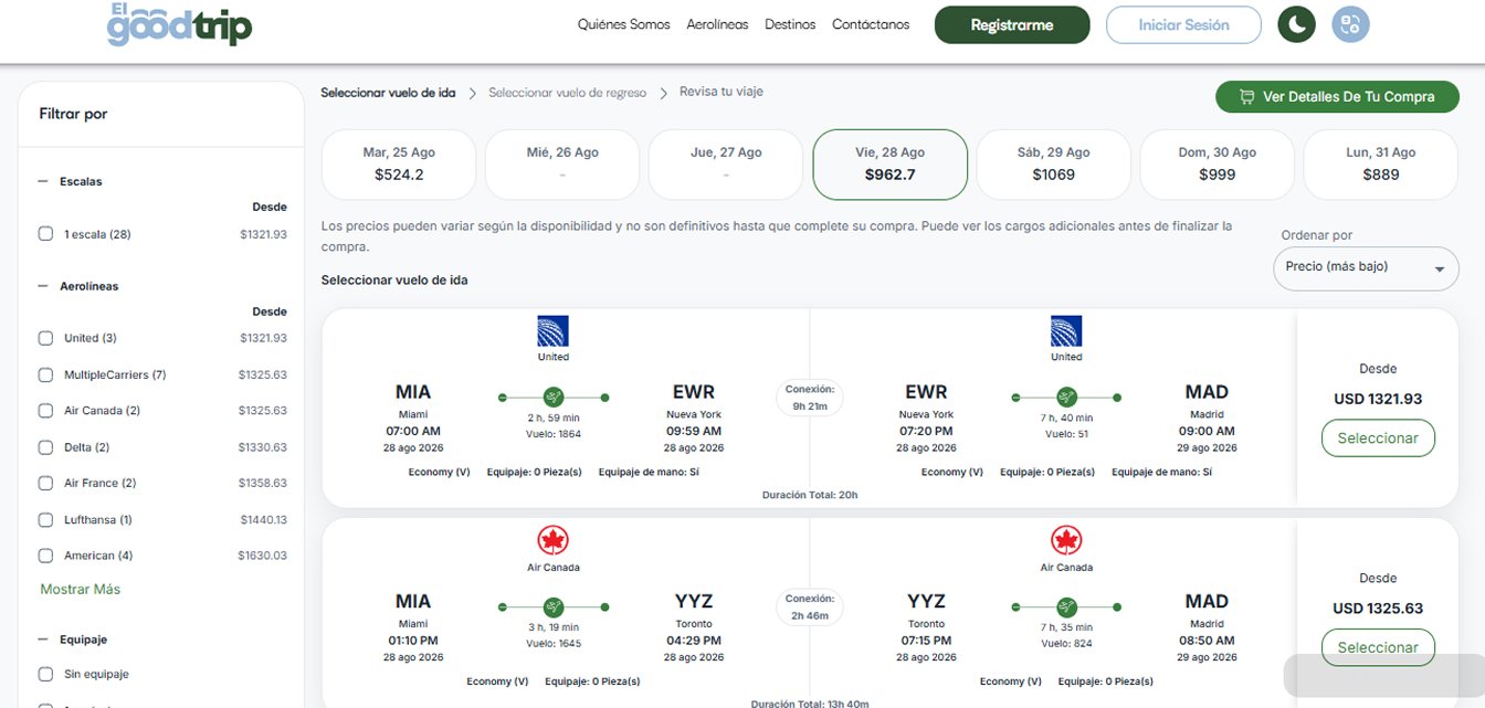 El Good Trip outbound flight selection with stop and airline filters